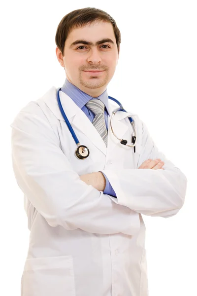 聴診器で医者彼の手斜め白い背景上に配置 — ストック写真