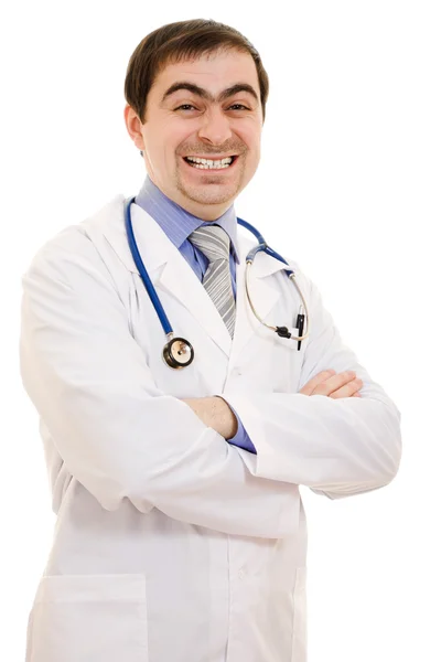 Un medico con uno stetoscopio ha messo le mani trasversalmente su un dorso bianco — Foto Stock