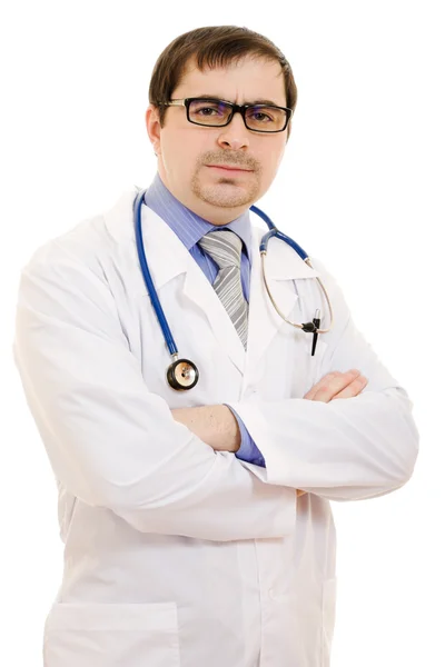 Σοβαρό γιατρό με ένα στηθοσκόπιο και γυαλιά σε λευκό φόντο. — Φωτογραφία Αρχείου