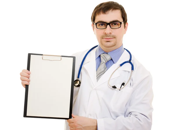 Férfi orvos-val egy üres papírlapot a fehér háttér. — Stock Fotó