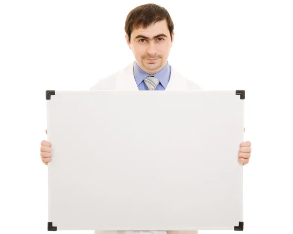 흰색 바탕에 화이트 보드와 남성 의사. — 스톡 사진