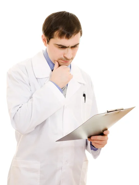 Muž lékař si myslí, že bílé pozadí. — Stock fotografie
