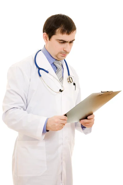 Αρσενικό γιατρός σκέφτεται ένα λευκό φόντο. — Φωτογραφία Αρχείου