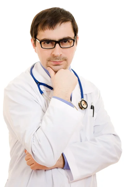 Médico varón piensa un fondo blanco . —  Fotos de Stock
