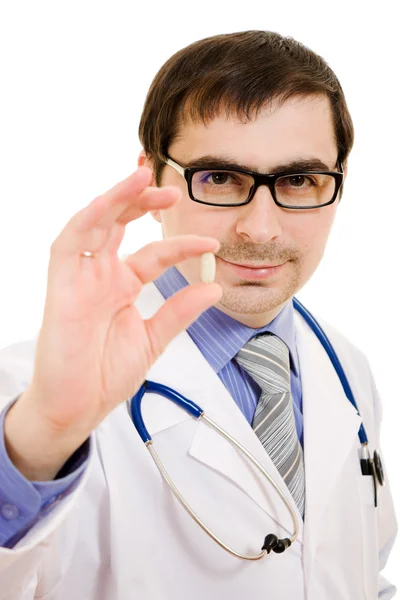 Selbstbewusster Oberarzt zeigt Ihnen das verschreibungspflichtige Medikament gegen whi — Stockfoto