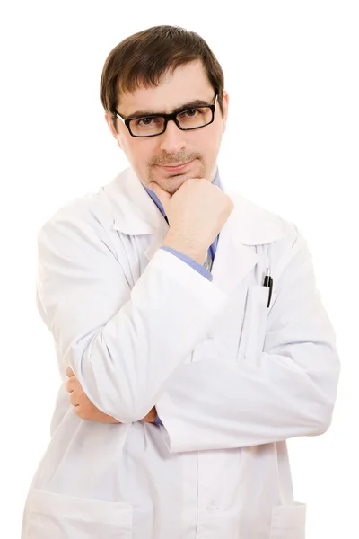 Muž lékař si myslí, že bílé pozadí. — Stock fotografie