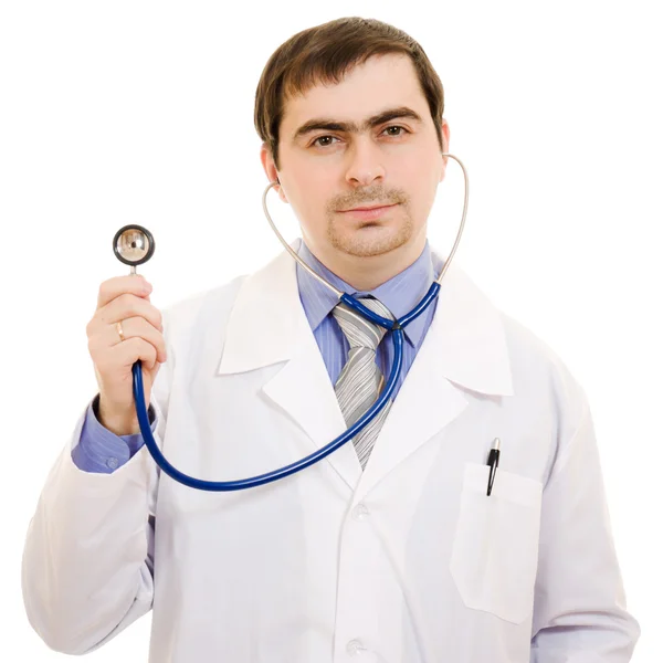 Médico con estetoscopio sobre fondo blanco. — Foto de Stock