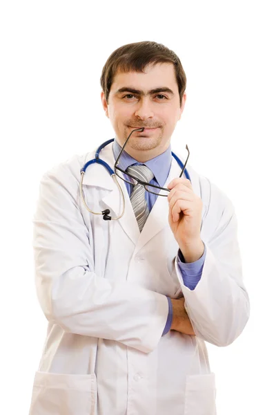 Il dottore pensa in occhiali su uno sfondo bianco . — Foto Stock
