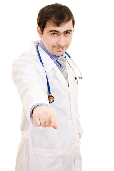 A doctor with a stethoscope points ahead on a white background