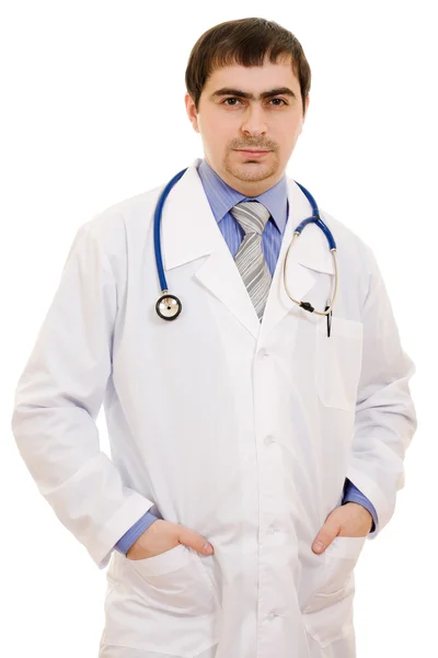 A doctor with a stethoscope on a white background. Stock Photo
