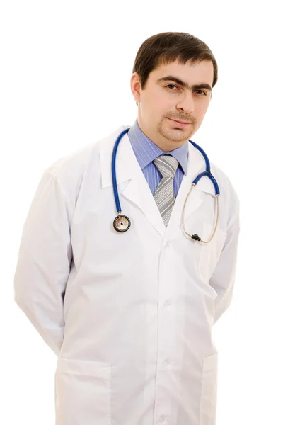 Male doctor thinks a white background. Stock Picture