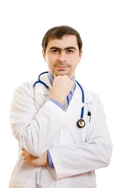 The doctor thinks in glasses on a white background. Stock Photo