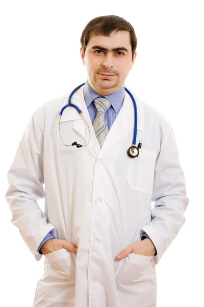 A doctor with a stethoscope on a white background. Royalty Free Stock Images