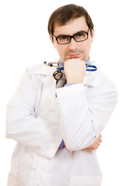 Il dottore pensa in occhiali su uno sfondo bianco . Foto Stock