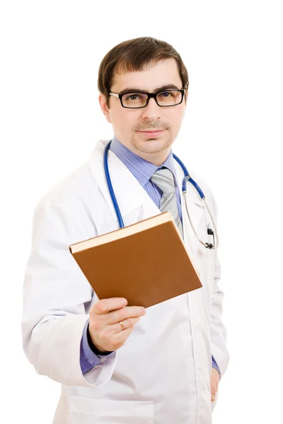 Le médecin avec un livre sur fond blanc . Photo De Stock