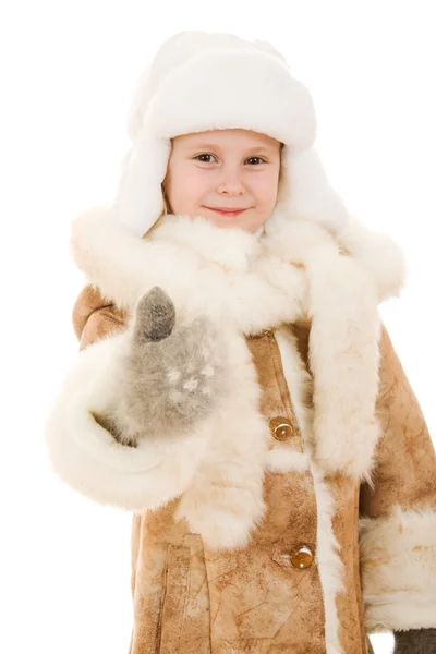 stock image Girl in a gesture of warm clothing shows okay on a white background.