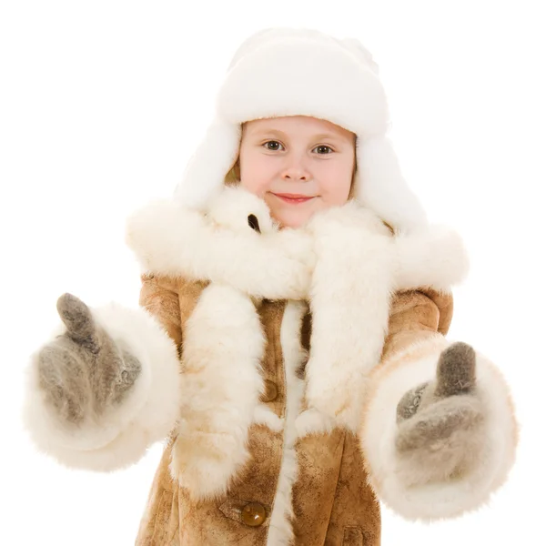 La chica en ropa de abrigo muestra sus manos sobre un fondo blanco . —  Fotos de Stock