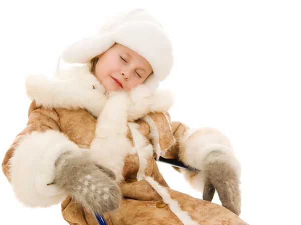 暖かい服、白い背景で眠っている少女. — ストック写真
