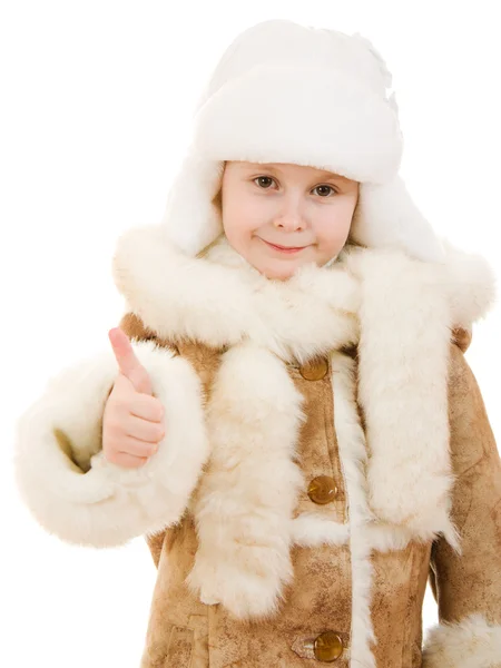 Chica en un gesto de ropa de abrigo muestra bien sobre un fondo blanco . —  Fotos de Stock