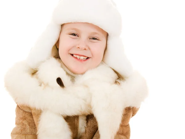 Το κορίτσι σε ζεστά ρούχα χαμογελώντας σε άσπρο φόντο. — Φωτογραφία Αρχείου