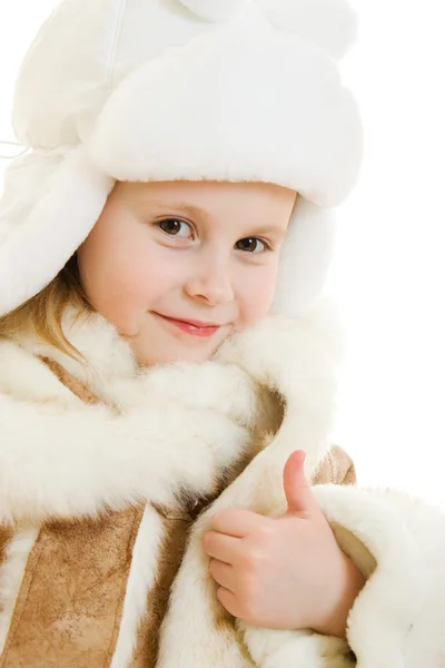 A lány meleg ruhát gesztus látható rendben fehér háttér. — Stock Fotó