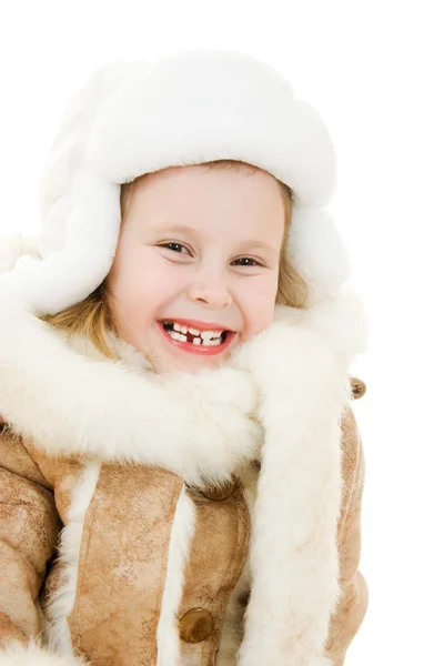 Het meisje in warme kleren glimlachen op witte achtergrond. — Stockfoto