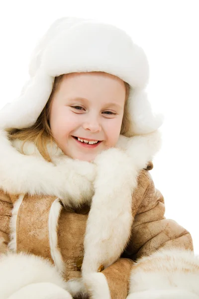 A lány meleg ruhát, mosolygó, fehér háttér. — Stock Fotó