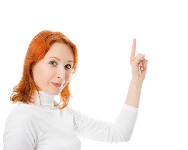 Красивая девушка с рыжими волосами показывает большой палец вверх на белом фоне . — стоковое фото