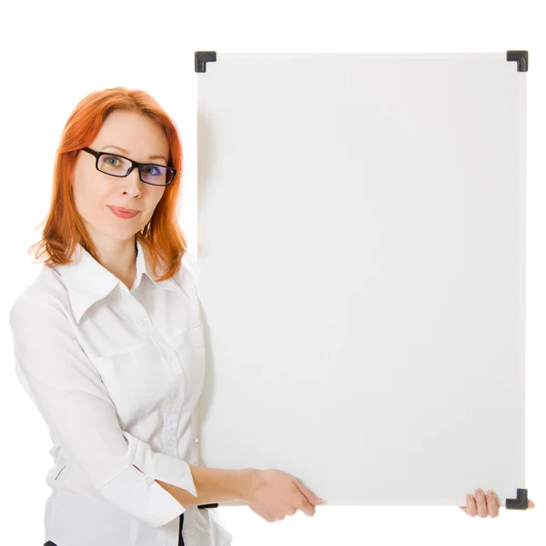 Young businesswoman showing blank signboard. — Stock Photo, Image