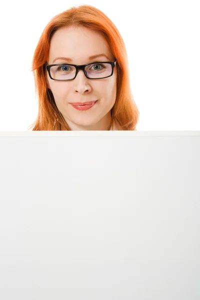 Young businesswoman showing blank signboard. — Stock Photo, Image