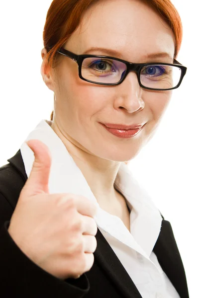 Glimlachend zakelijke vrouw gebaar toont oke. — Stockfoto