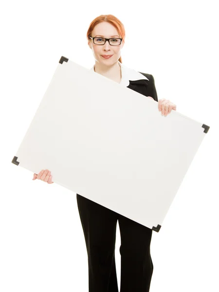 Businesswoman holding blank whiteboard sign. — Stock Photo, Image