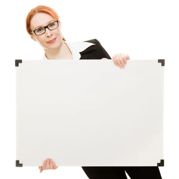 Businesswoman with glasses holding blank whiteboard sign. — Stock Photo, Image