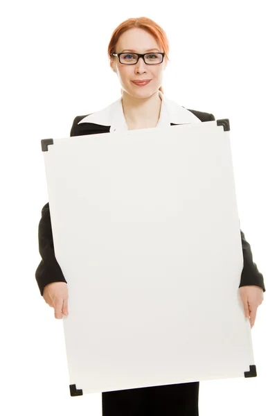 Imprenditrice con occhiali con segno bianco lavagna . — Foto Stock