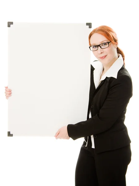 Femme d'affaires avec des lunettes tenant blanc panneau de tableau blanc . — Photo