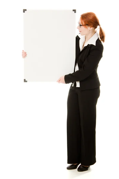 Geschäftsfrau mit leerem Whiteboard-Schild. — Stockfoto