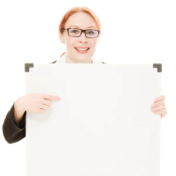 Femme d'affaires tenant blanc panneau de tableau blanc . — Photo