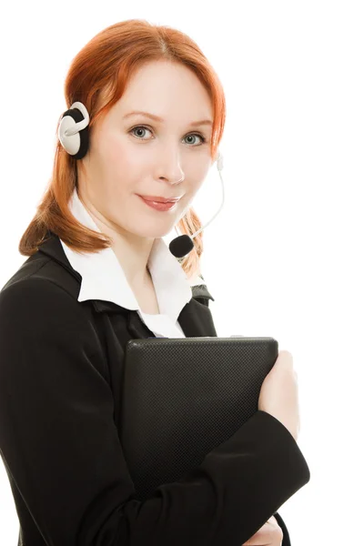 Kvinna operatör hjälptelefon med bärbar dator — Stockfoto