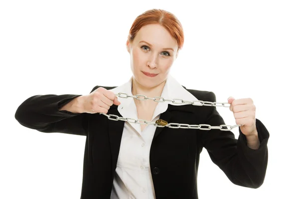 Businesswoman tearing the chain hands — Stock Photo, Image