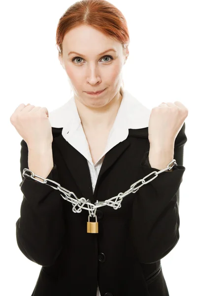 Businesswoman with hands shackled in chains. — Stock Photo, Image
