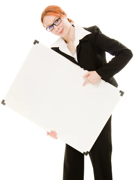 Businesswoman holding blank whiteboard sign. Royalty Free Stock Images