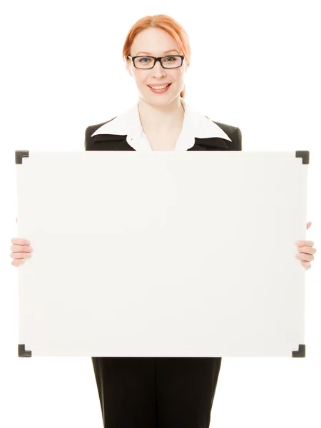 Businesswoman holding blank whiteboard sign. Royalty Free Stock Photos