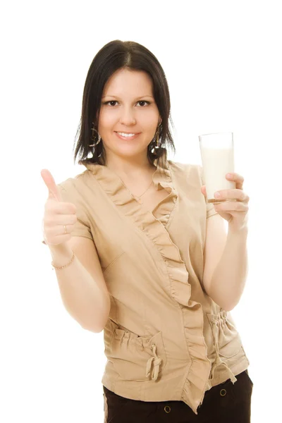 Woman drinking milk on a white background. — Stock Photo, Image