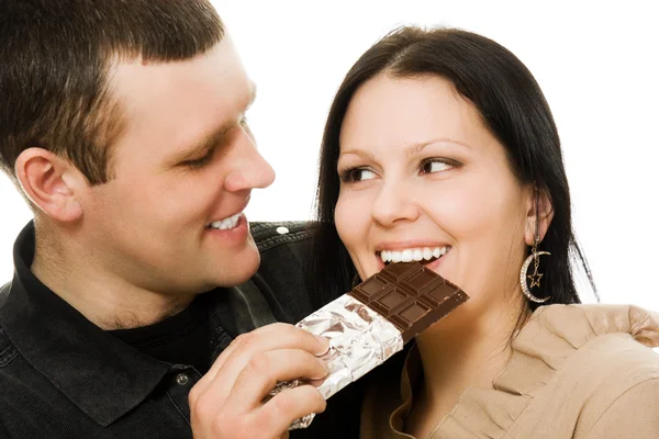 Man feeding a woman chocolate . — 스톡 사진