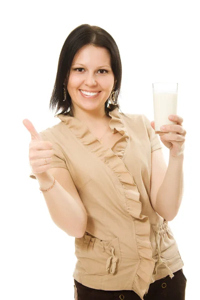 stock image Woman drinking milk on a white background.