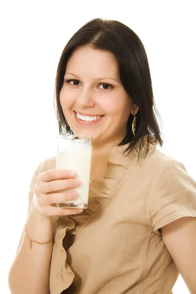 Woman drinking milk on a white background. — Stock Photo, Image