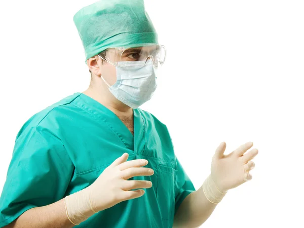 Mężczyzna chirurg noszenie maski i rękawiczki na białym tle. — Zdjęcie stockowe
