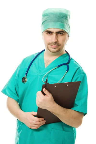 男性外科医生在平板电脑上写入 — 图库照片