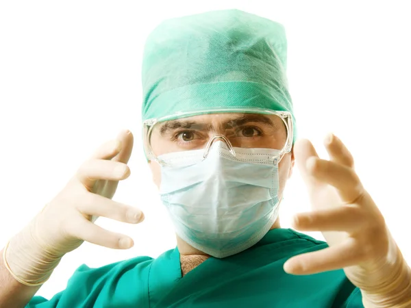 Чоловічий хірург носити маски і рукавички на білому фоні. — Stock Fotó