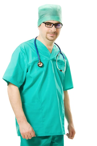 De man denkt de chirurg met een stethoscoop op een witte achtergrond — Stockfoto